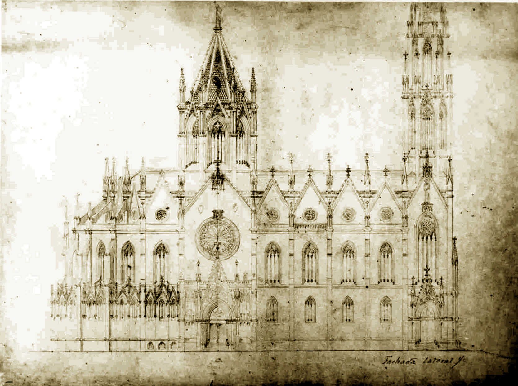 Original design for the project for the Sagrada Família by diocesan architect Francisco de Paula del Villar following the prevailing guidelines of the time, with neo-Gothic elements: ogival windows, buttresses, flying buttresses and a pointed bell tower. Technical differences, about the cost of materials, led this architect to be replaced with another who was starting to stand out in the field, Antoni Gaudí, who took the project in a different direction, transforming it into an ambitious proposal for the church of the future.