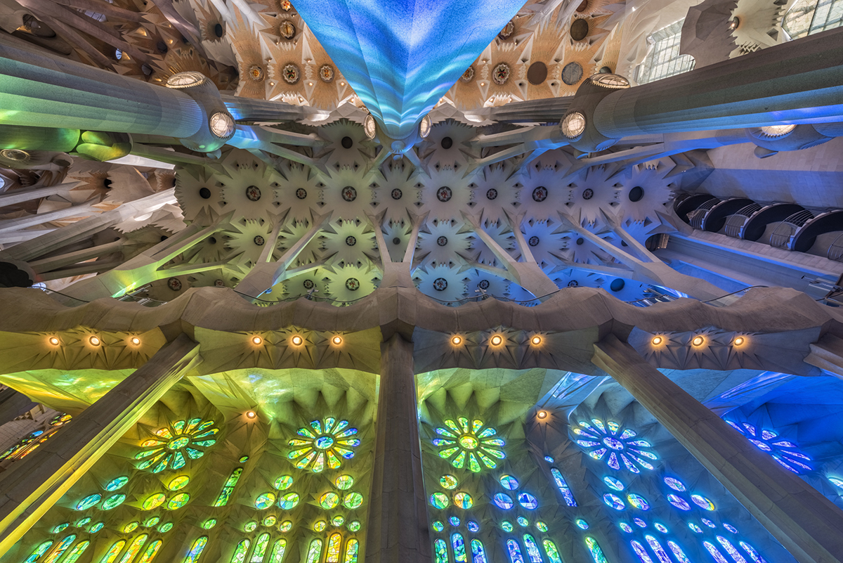 Stained-glass windows and vaults inside the temple