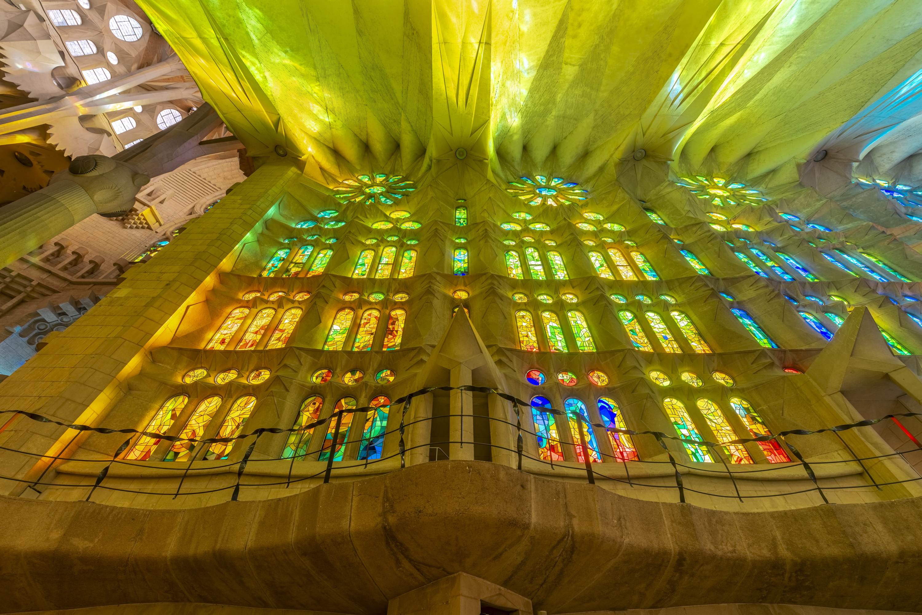 Stained-glass windows inside the temple